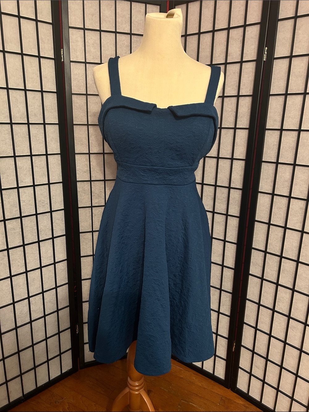 Textured Navy Fit-and-Flare Mini Dress